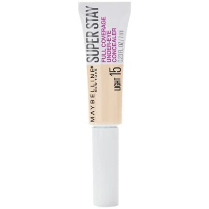 Maybelline New York Super Stay Full Coverage, Brightening, Long Lasting, Under Eye Concealer Liquid Makeup for up to 24H Wear, with Paddle Applicator, 15 Light, 0.23 Fl Oz