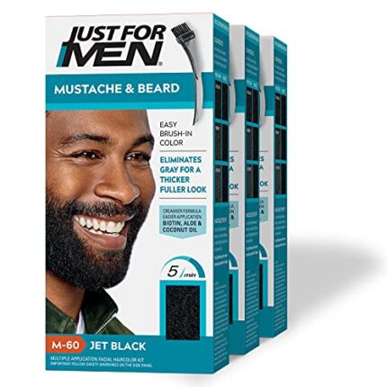 Just For Men Mustache & Beard, Beard Coloring for Gray Hair with Brush Included for Easy Application, With Biotin Aloe and Coconut Oil for Healthy Facial Hair - Jet Black, M-60, 3 Pack