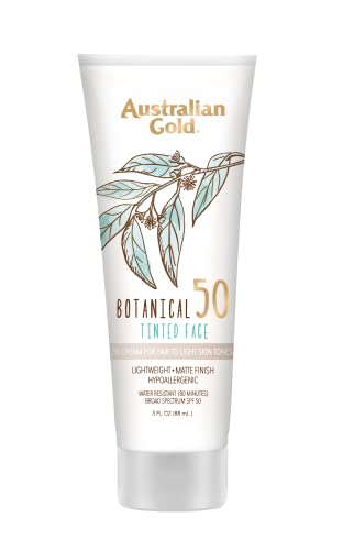 Australian Gold Botanical SPF 50 Tinted Sunscreen for Face, Non-Chemical BB Cream & Mineral Sunscreen, Water-Resistant, Matte Finish, For Sensitive Facial Skin, Fair to Light Skin Tones, 3 FL Oz