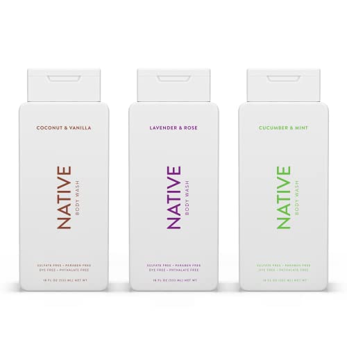 Version 1.0.0 Native Body Wash Natural Body Wash for Women, Men | Sulfate Free, Paraben Free, Dye Free, with Naturally Derived Clean Ingredients Leaving Skin Soft and Hydrating, Coconut & Vanilla, Lavender & Rose, Cucumber & Mint 18 oz - Pack of 3 - Image 1