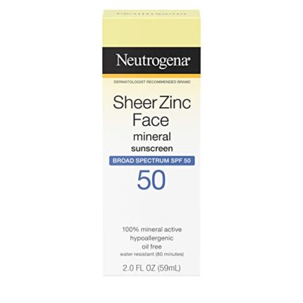 Neutrogena Sheer Zinc Oxide Dry-Touch Mineral Face Sunscreen Lotion with Broad Spectrum SPF 50, Oil-Free, Non-Comedogenic & Non-Greasy Zinc Oxide Facial Sunscreen, Hypoallergenic, 2 fl. oz
