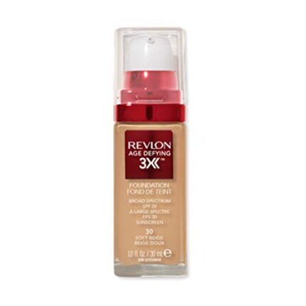 Liquid Foundation by Revlon, Age Defying 3XFace Makeup, Anti-Aging and Firming Formula, SPF 30, Longwear Medium Buildable Coverage with Natural Finish, 030 Soft Beige, 1 Fl Oz