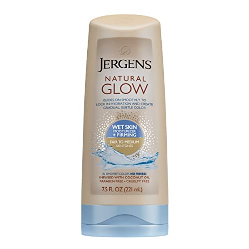 Version 1.0.0 Jergens Natural Glow +FIRMING In-shower Self Tanner for Fair to Medium Skin Tones, Anti Cellulite Firming Body Lotion, Wet Skin Lotion for Gradual and Natural-Looking Fake Tan, 7.5 Ounce - Image 1
