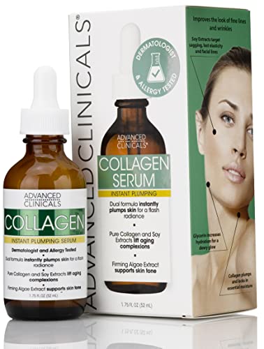 Advanced Clinicals Collagen Face Serum Skin Care Anti Aging Moisturizer For Skin Tightening, Brightening & Hydrating. Facial Collagen Peptide Booster Helps Smooth & Plump Dry Skin, 1.75 Fl Oz