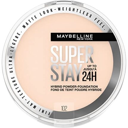Maybelline Super Stay Up to 24HR Hybrid Powder-Foundation, Medium-to-Full Coverage Makeup, Matte Finish, 102, 1 Count