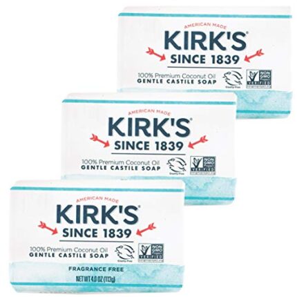Kirk's Castile Bar Soap Clean Soap for Men, Women & Children | Premium Coconut Oil | Sensitive Skin Formula, Vegan | Fragrance-Free/Unscented | 4 oz. Bars - 3 Pack